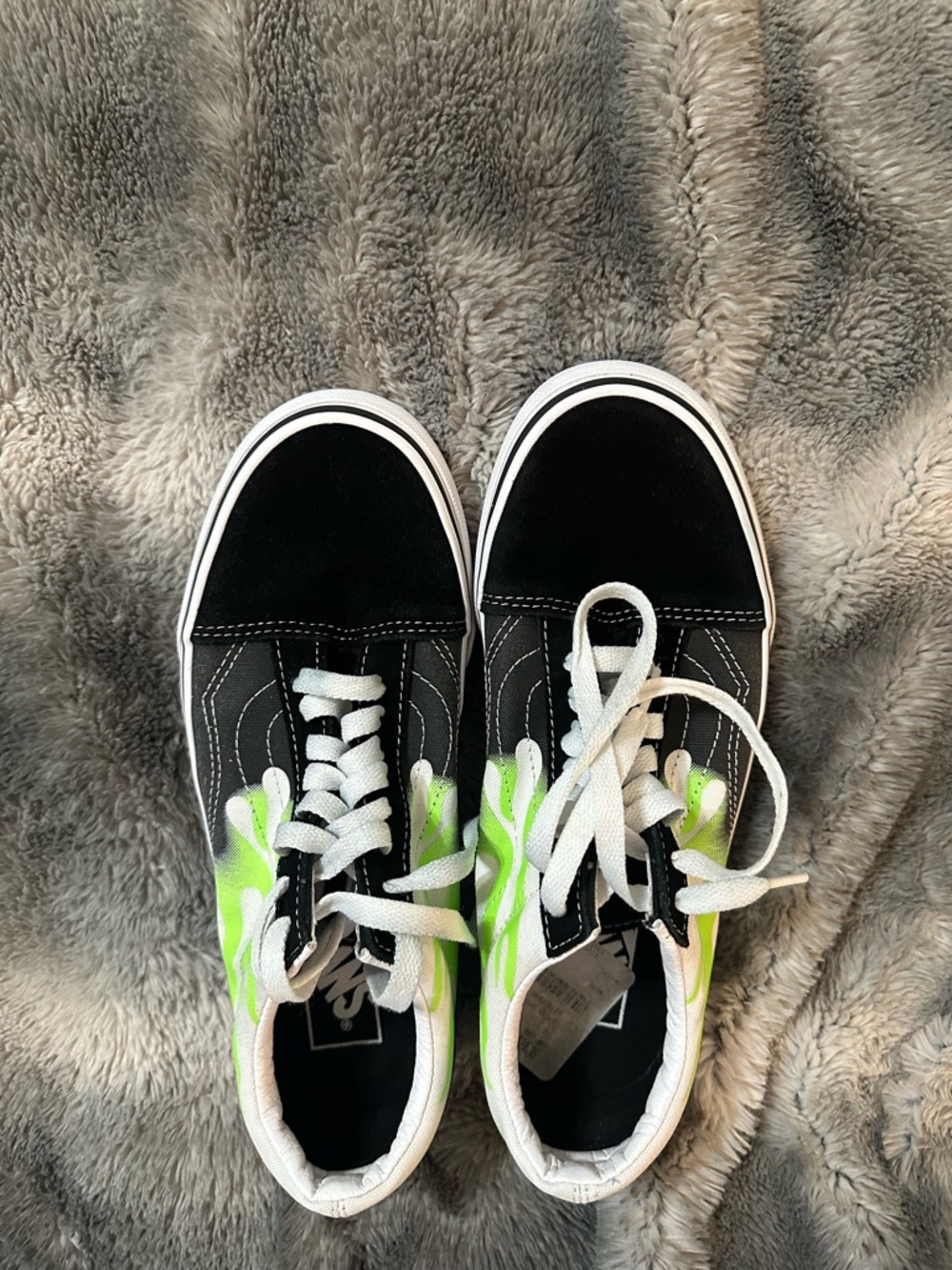 Vans Kids Black Sneakers with Neon Green Flame Accent